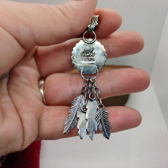 Southwest Green Turquoise Sterling Silver Feather Dangle Pendant Statement - Picture 6 of 9